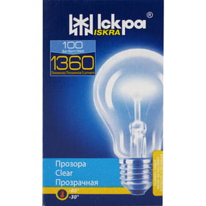 Електролампа лампа розжарювання ІСКРА Б 230-100 Е27 цоколь Е27, потужність 100 Вт, робоча напруга 230 В в індивідуальній упаковці 1 шт