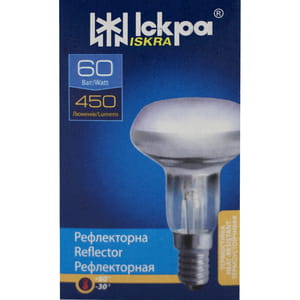 Електролампа лампа розжарювання ІСКРА ДЗК 230-60 Е14/R50 цоколь Е14, потужність 60 Вт, робоча напруга 230 В в індивідуальній упаковці 1 шт