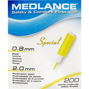 Ланцет (скарификатор) автоматический Medlance® plus Special (Медланс плюс специальный) желтый лезвие 0,8мм, глубина прокола 2мм 200 шт