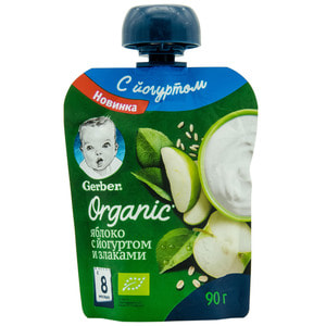 Пюре фруктове дитяче NESTLE GERBER (Нестле Гербер) Organic (Органічне) Яблуко з йогуртом та злаками з 8-ми місяців м'яка упаковка 90 г