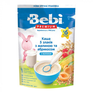 Каша молочна дитяча BEBI PREMIUM (Бебі Преміум) 5 злаків з малиною та абрикосом для дітей з 6-ти місяців м'яка упаковка 200 г