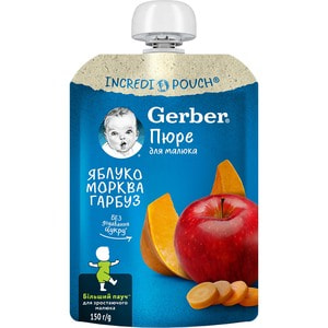 Пюре фруктово-овощное детское NESTLE GERBER (Нестле Гербер) Яблоко, морковка и тыква с 6-ти месяцев мягкая упаковка 150 г