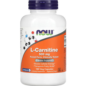 L-карнітін NOW (Нау) L-Carnitine для підвищення рівня енергії, спалюванню жиру та підтримці здоров'я серця капсули по 500 мг флакон 180 шт