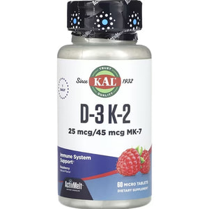 Витамины Д-3 и K-2 KAL (Кал) Vitamin D-3 K-2 1000 МО/45 мкг MK-7 со вкусом красной малины микротаблетки 60 шт