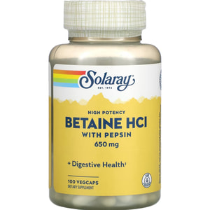 Бетаин HCl + пепсин SOLARAY (Солорай) Betaine HCL with Pepsin высокоэффективный 650 мг капсулы флакон 100 шт