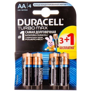 Батарейки DURACELL (Дюрасель) TurboMax (Турбомакс) AA алкалиновые 1,5V LR6 4 шт