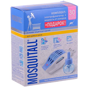 Промо-комплект MOSQUITALL (Москитол) Нежная защита для  детей электрофумигатор +жидкость 30 ночей от комаров 30мл + крем Нежная защита для детей 30мл