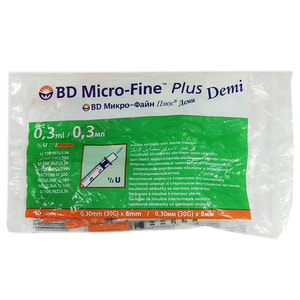 Шприц 0,3 мл інсуліновий з інтегрованою (нез'ємною) голкою U-100 ВD Micro-Fine Plus Demi (Мікро Файн Плюс Демі) 30G (0,30 x 8,0 мм) 1шт