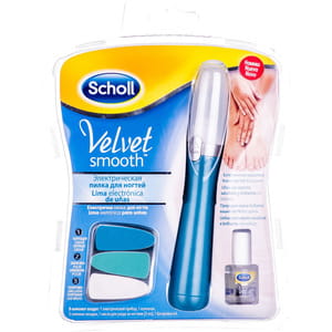 Пилка електрична для нігтів Scholl (Шолль) Velvet Smooth (з живленням від батарейки) в комплекті зі змінними насадками та олійкою