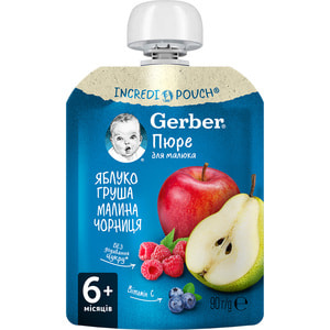 Пюре фруктовое детское NESTLE GERBER (Нестле Гербер) Яблоко, груша, малина и черника с 6-ти месяцев мягкая упаковка 90 г