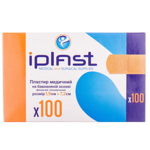 Пластырь медицинский Iplast (Ай Пласт) бактерицидный на хлопковой основе гипоаллергенный размер 1,9 см x 7,2 см 100  шт