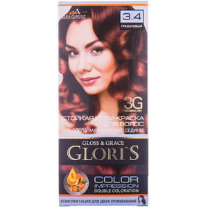 Крем-краска для волос GLORIS (Глорис) цвет 3.4 Гранатовый на 2 применения: крем-краска 25 мл + окислитель 25 мл + шампунь 15 мл + маска 15 мл