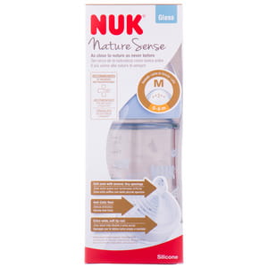 Бутылочка для кормления NUK (Нук) Nature Sense стекляная 240 мл с силиконовой соской для детей от 0 до 6 месяцев, для молока